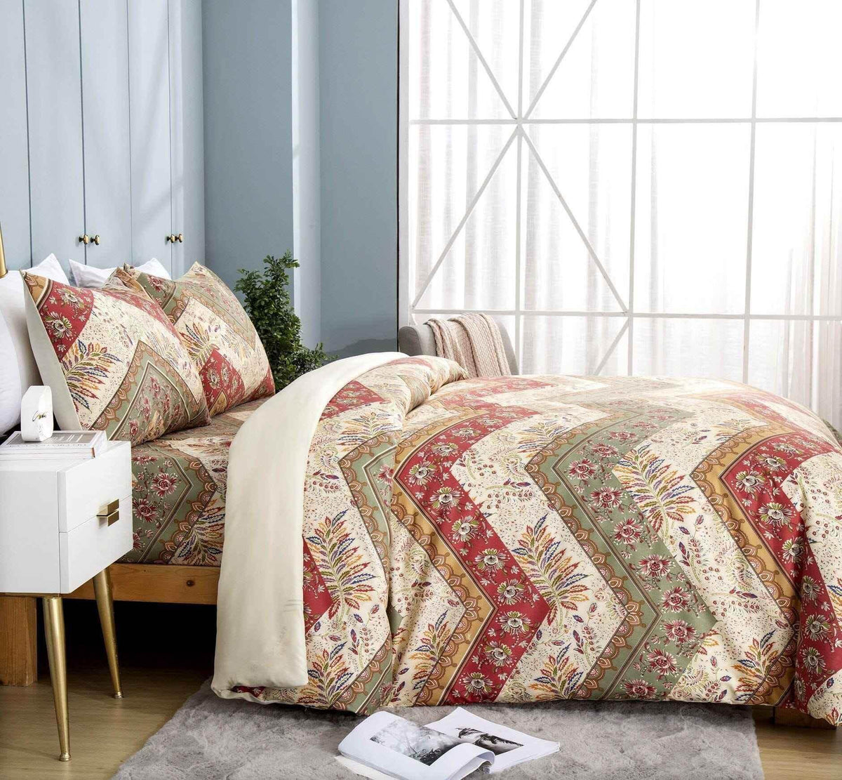 DaDa Bedding Botanical Cranberry Sage Chevron Floral Duvet Cover Set w/ Pillow Cases (JHW-924) Duvet Covers by DaDalogy Bedding Collection