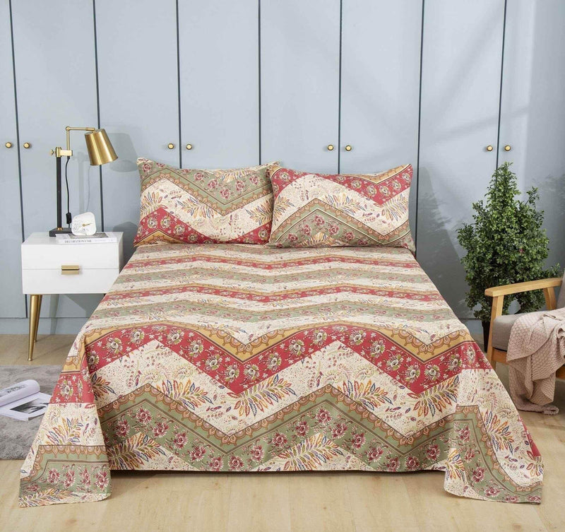 DaDa Bedding Botanical Cranberry Sage Chevron Floral Flat Bed Sheet w/ Pillowcases (JHW-924-Flat) Bed Sheets by DaDalogy Bedding Collection