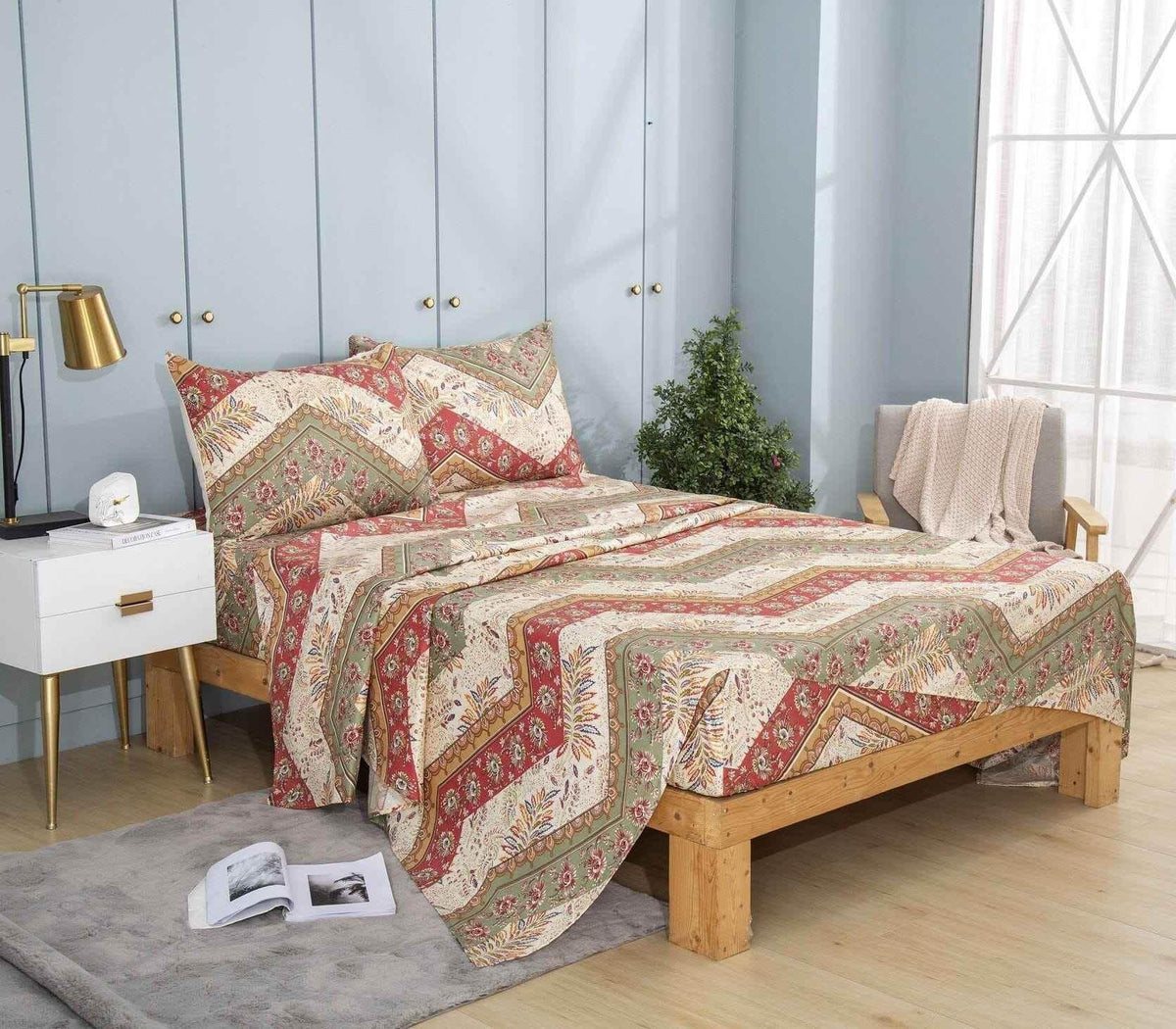 DaDa Bedding Botanical Cranberry Sage Chevron Floral Flat Bed Sheet w/ Pillowcases (JHW-924-Flat) Bed Sheets by DaDalogy Bedding Collection