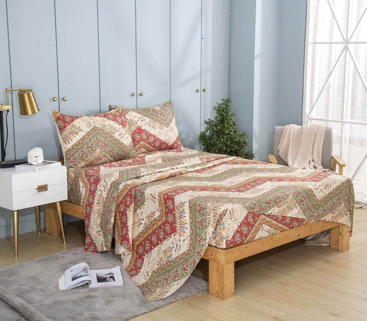 DaDa Bedding Botanical Cranberry Sage Chevron Floral Flat Bed Sheet w/ Pillowcases (JHW-924-Flat) - GiFTiFY