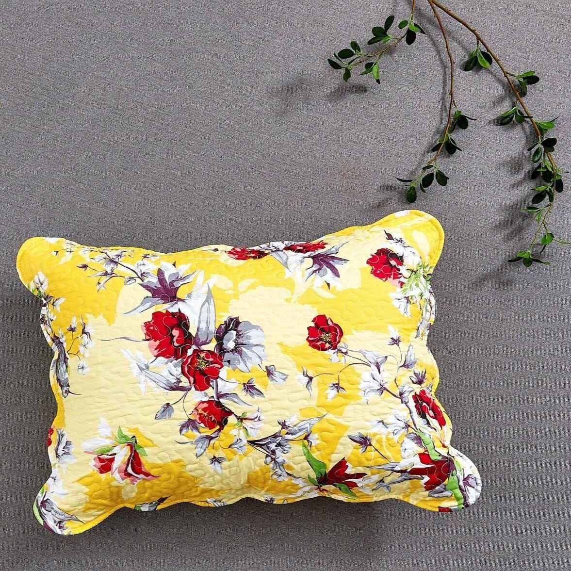 DaDa Bedding Sunshine Yellow Hummingbirds Floral Scalloped Pillow Sham 1-Piece (JHW-925) - GiFTiFY
