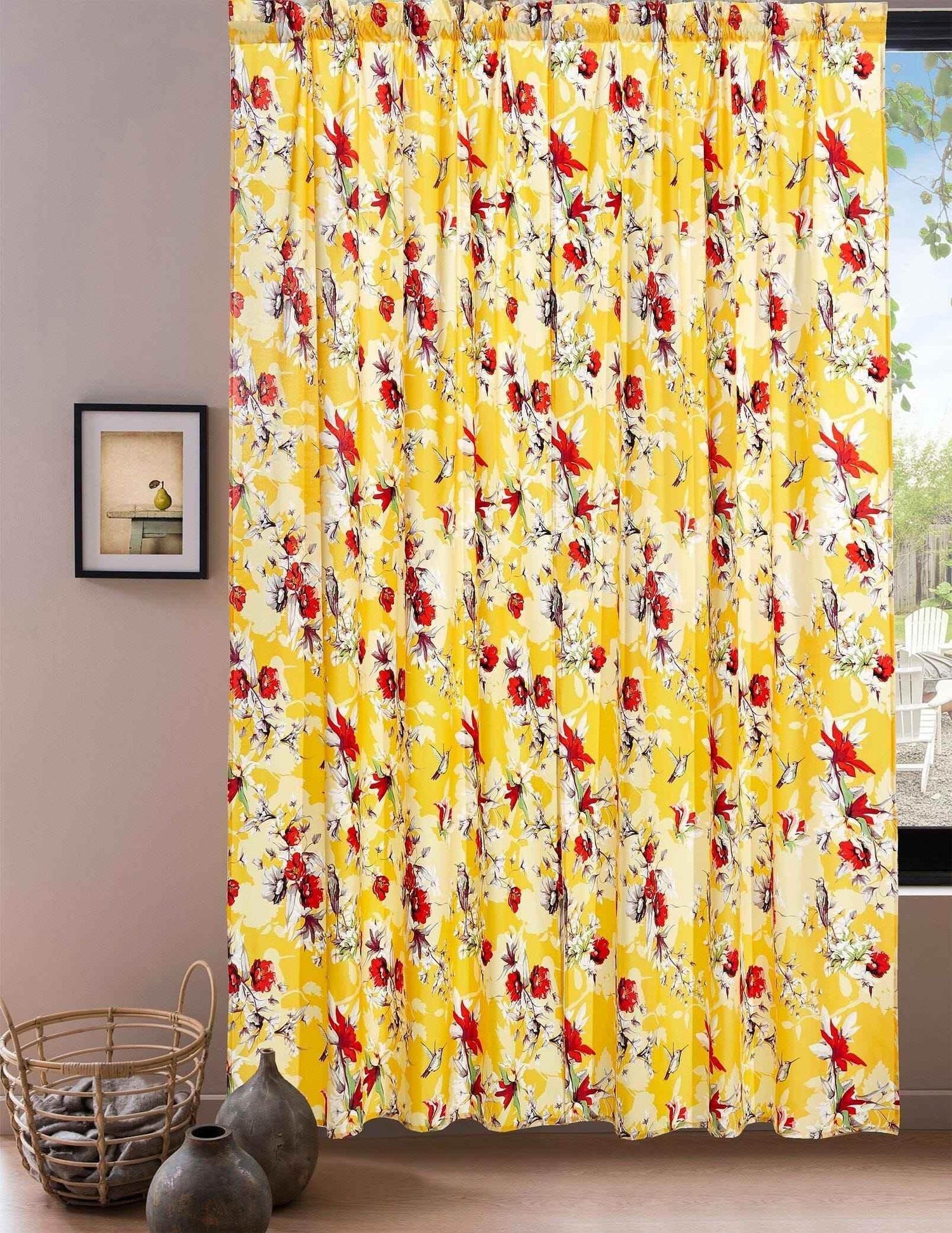 DaDa Bedding Set of 2 Radiant Sunshine Yellow Floral Window Curtain Panels - Natural Semi Sheer Hummingbirds Farmhouse Red Flowers Straight Tailored Edge - GiFTiFY