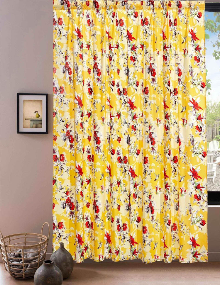 DaDa Bedding Set of 2 Radiant Sunshine Yellow Floral Window Curtain Panels - Natural Semi Sheer Hummingbirds Farmhouse Red Flowers Straight Tailored Edge - GiFTiFY