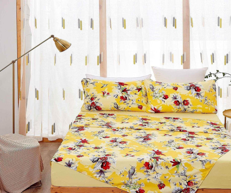 DaDa Bedding Sunshine Yellow Hummingbirds Floral Fitted & Flat Bed Sheets Set (JHW-925) - GiFTiFY
