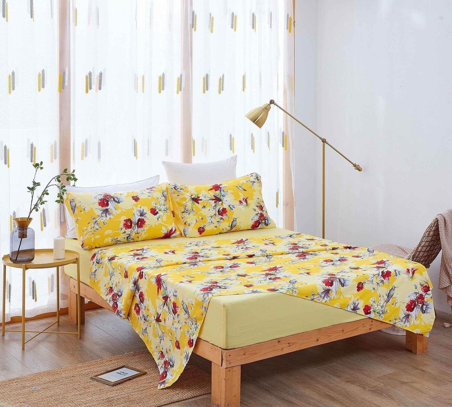DaDa Bedding Sunshine Yellow Hummingbirds Floral Fitted & Flat Bed Sheets Set (JHW-925) - GiFTiFY