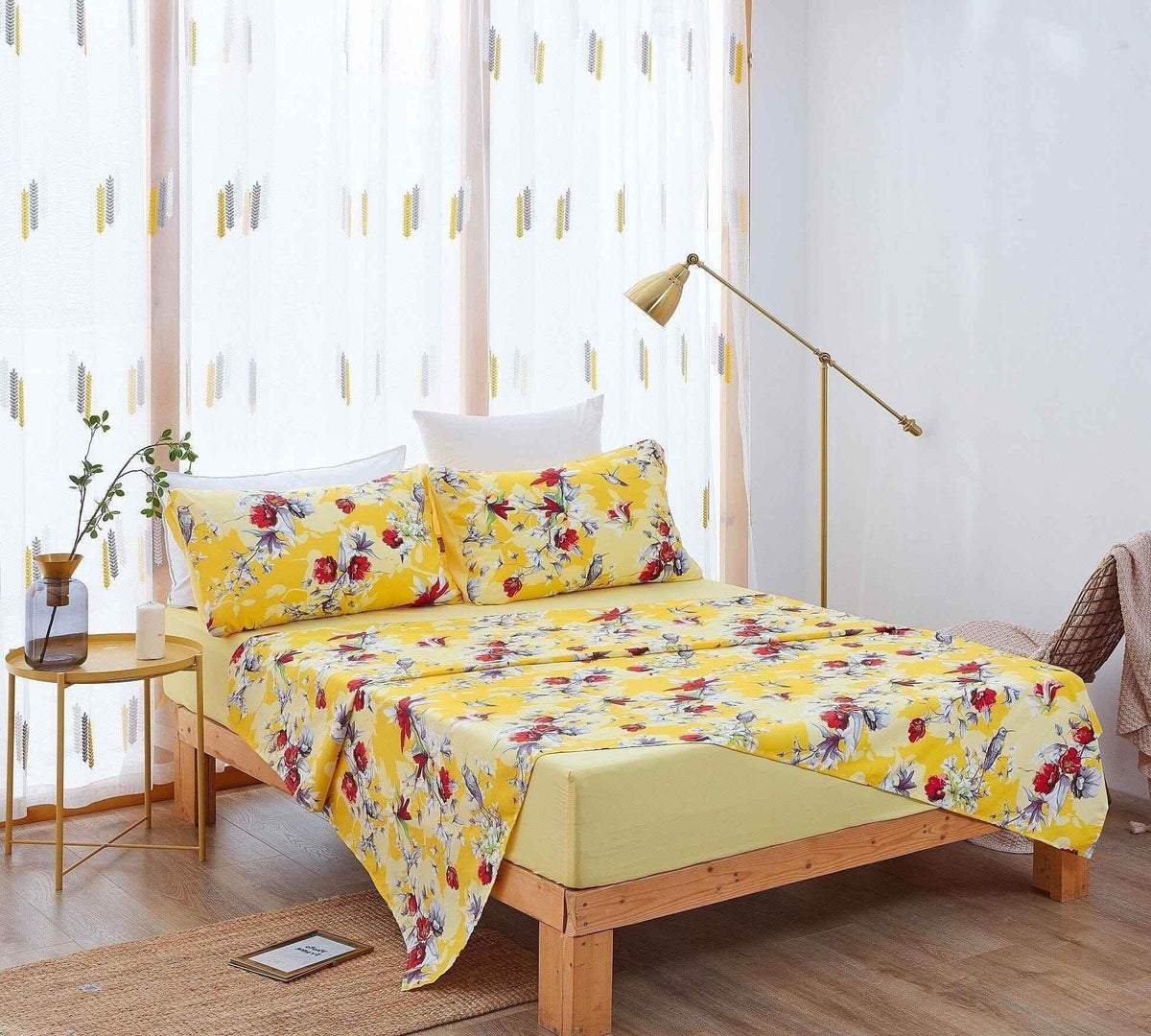 DaDa Bedding Sunshine Yellow Hummingbirds Floral Fitted & Flat Bed Sheets Set (JHW-925) Bed Sheets by DaDalogy Bedding Collection