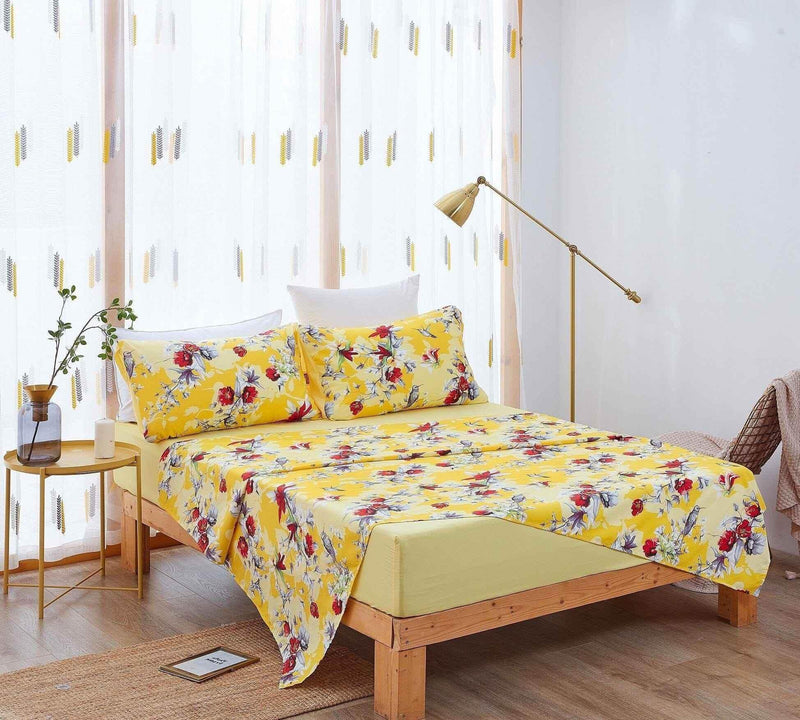 DaDa Bedding Sunshine Yellow Hummingbirds Floral Fitted & Flat Bed Sheets Set (JHW-925) Bed Sheets by DaDalogy Bedding Collection