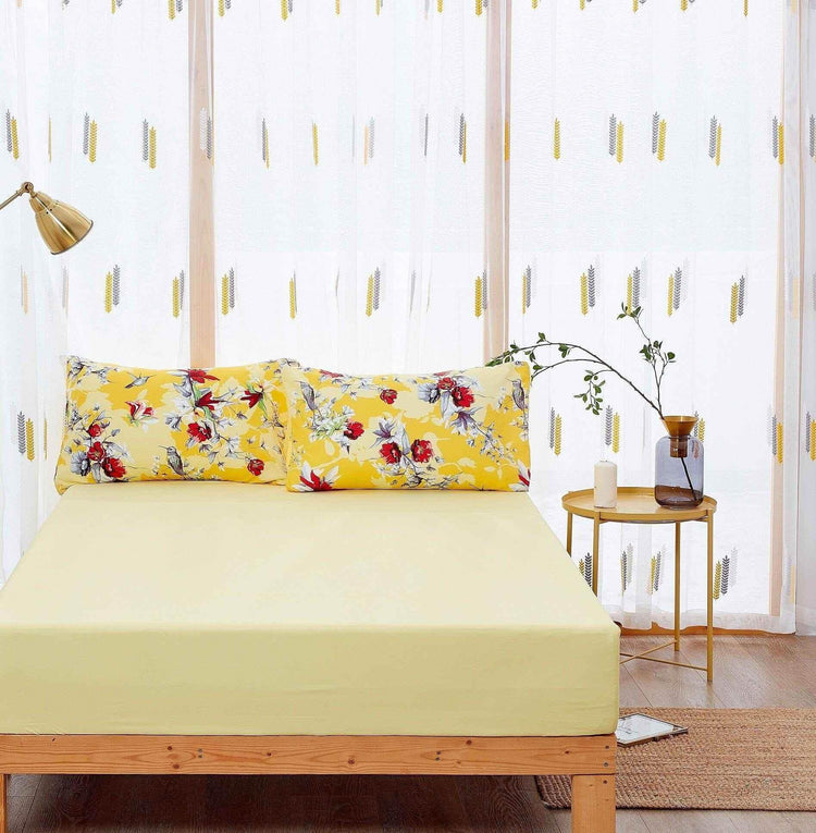 DaDa Bedding Sunshine Yellow Hummingbirds Floral Fitted & Flat Bed Sheets Set (JHW-925) - GiFTiFY