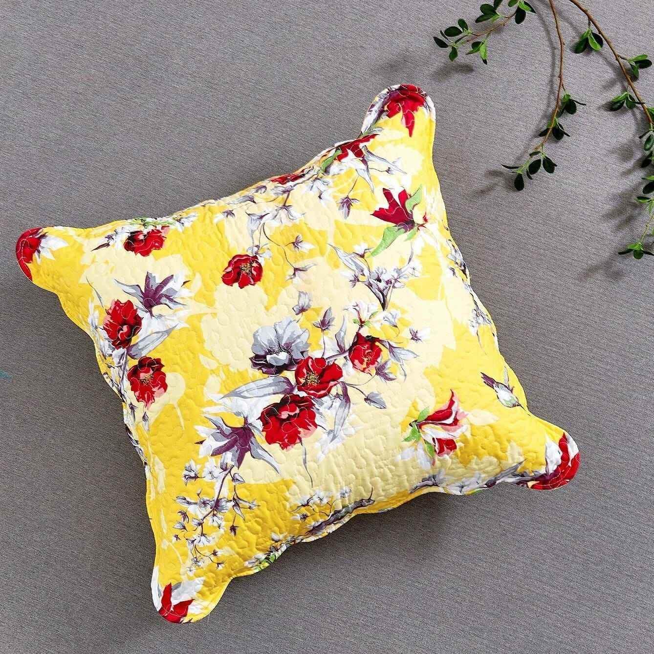 DaDa Bedding Sunshine Yellow Hummingbirds Floral Scalloped Euro Pillow Sham Cover, 26" x 26" (JHW925)
