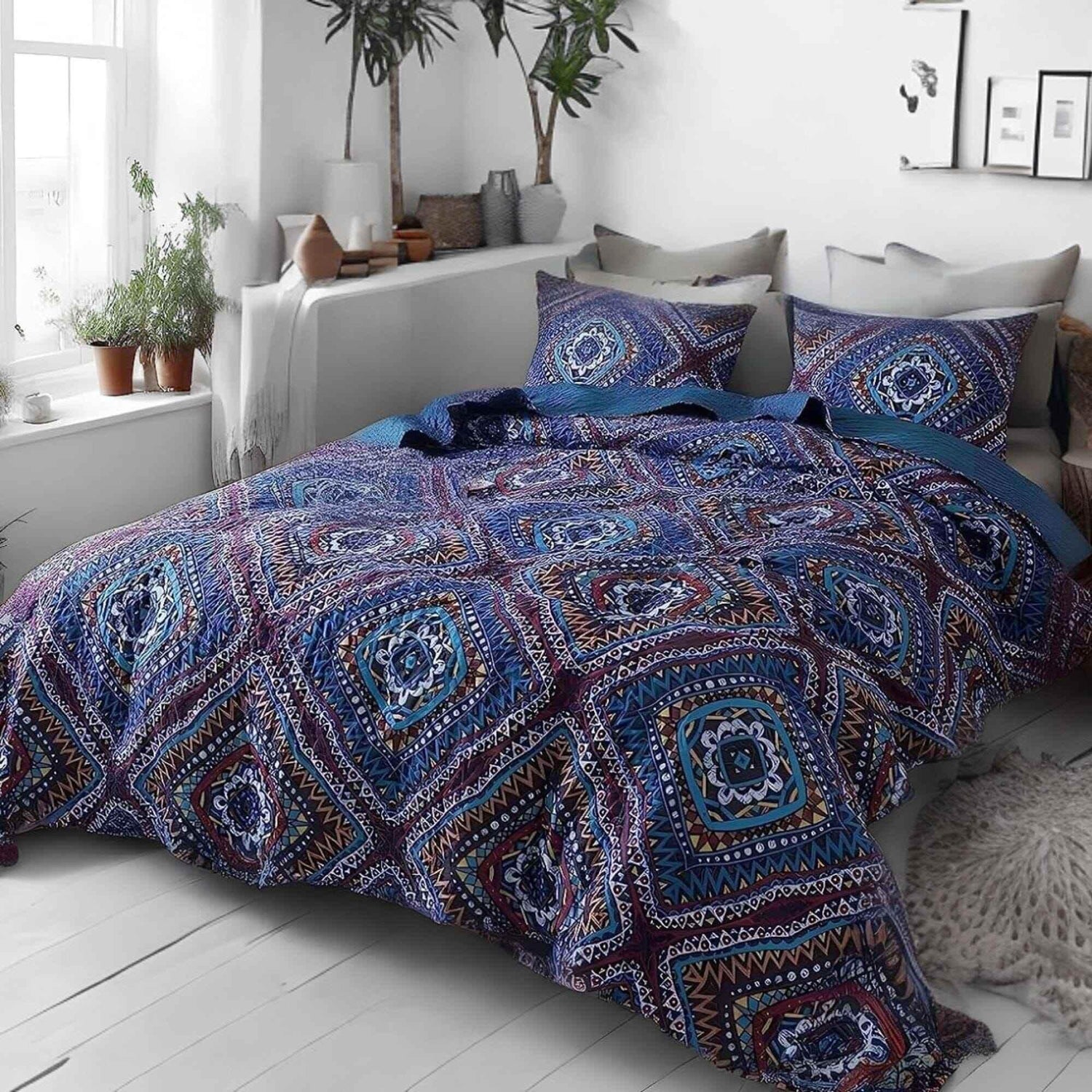 DaDa Bedding Farmhouse Bohemian Native Rustic Navy Blue Geometric Diamond Shapes Bedspread Set (KSX-001) - GiFTiFY