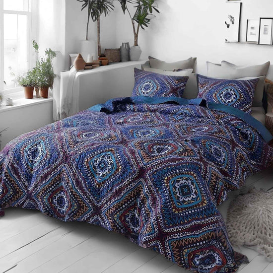 DaDa Bedding Farmhouse Bohemian Native Rustic Navy Blue Geometric Diamond Shapes Bedspread Set (KSX-001) - GiFTiFY