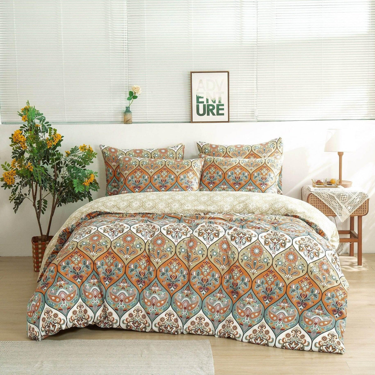 DaDalogy Bedding Bohemian Duvet Cover w/Pillow Cases - Reversible Coral Teal Floral Paisley Botanical Garden Party - Bright Vibrant Multi-Colorful Blue Salmon Pink Duvet Covers