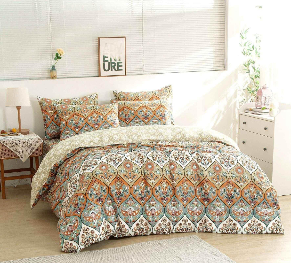 DaDalogy Bedding Bohemian Duvet Cover w/Pillow Cases - Reversible Coral Teal Floral Paisley Botanical Garden Party - Bright Vibrant Multi-Colorful Blue Salmon Pink Duvet Covers