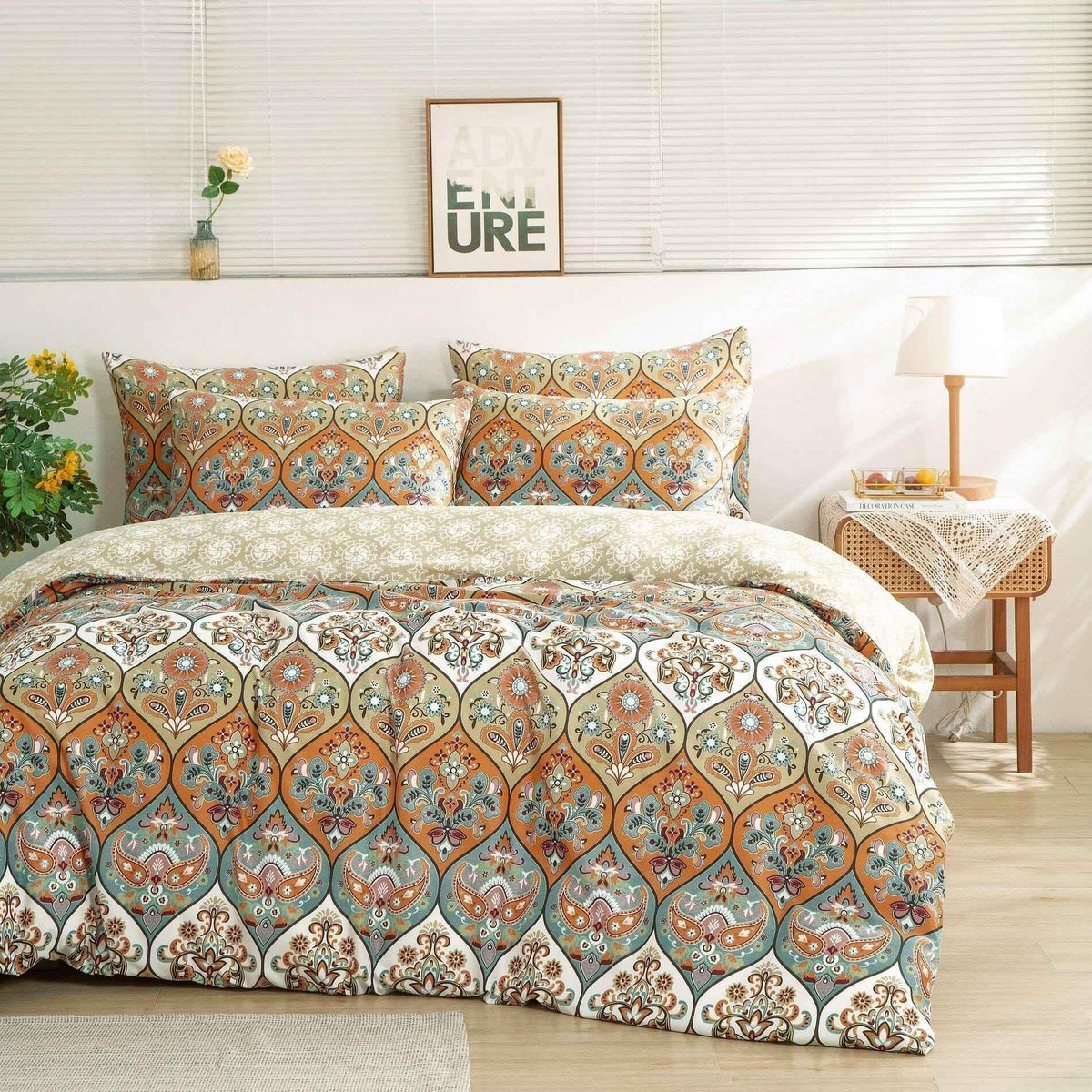 DaDalogy Bedding Bohemian Duvet Cover w/Pillow Cases - Reversible Coral Teal Floral Paisley Botanical Garden Party - Bright Vibrant Multi-Colorful Blue Salmon Pink Duvet Covers