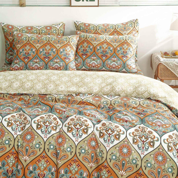 DaDalogy Bedding Bohemian Duvet Cover w/Pillow Cases - Reversible Coral Teal Floral Paisley Botanical Garden Party - Bright Vibrant Multi-Colorful Blue Salmon Pink Duvet Covers