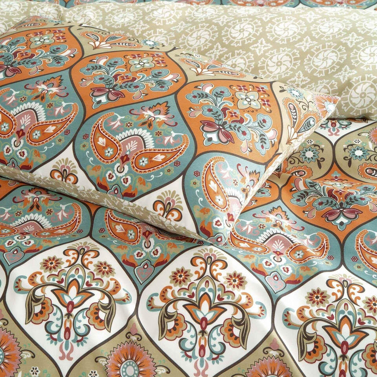 DaDalogy Bedding Bohemian Duvet Cover w/Pillow Cases - Reversible Coral Teal Floral Paisley Botanical Garden Party - Bright Vibrant Multi-Colorful Blue Salmon Pink Duvet Covers