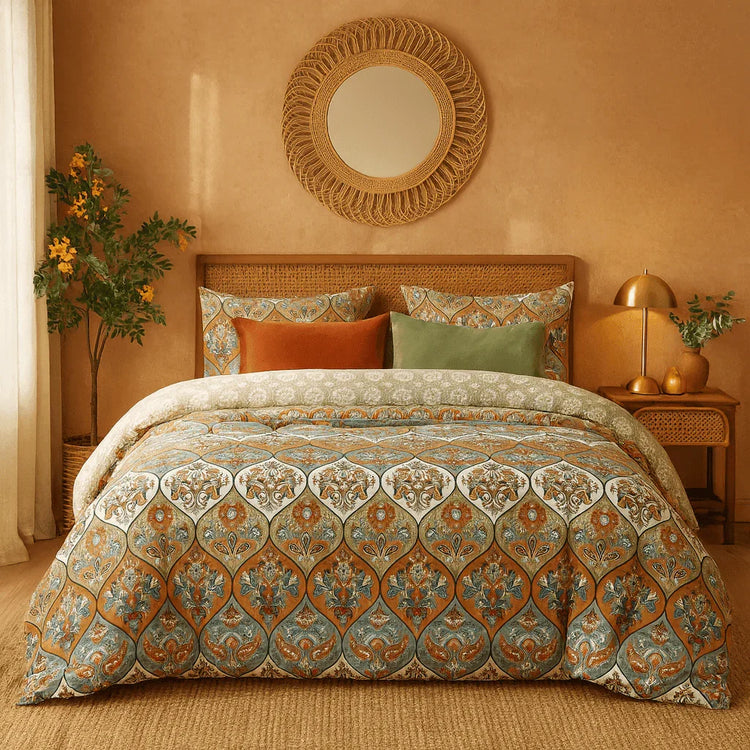 DaDalogy Bedding Bohemian Duvet Cover w/Pillow Cases - Reversible Coral Teal Floral Paisley Botanical Garden Party - Bright Vibrant Multi-Colorful Blue Salmon Pink Duvet Covers