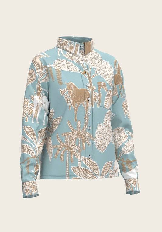  Island Horses on Sky Blue Loose Fitting Button Shirt