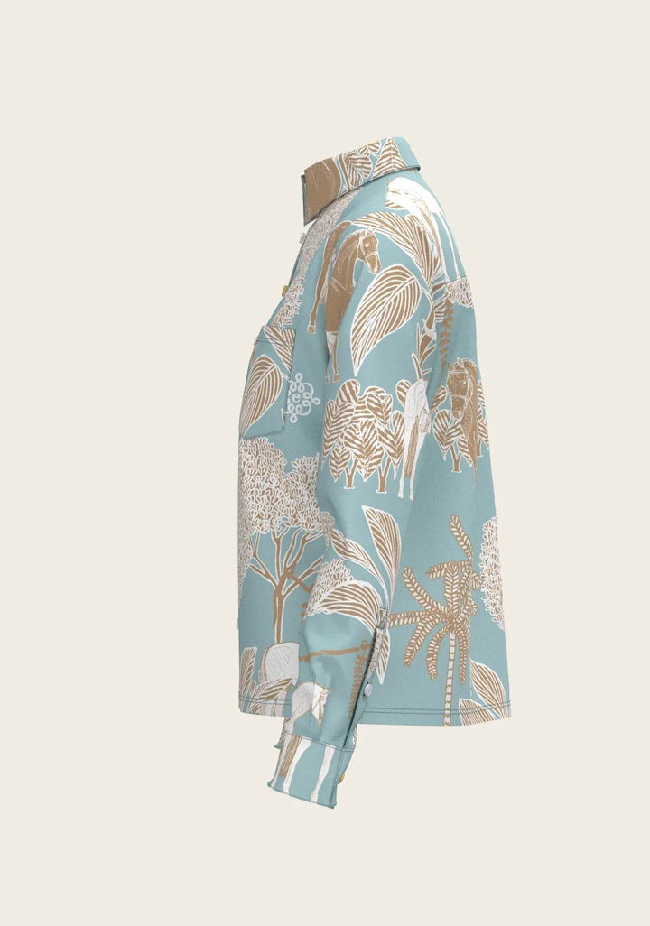  Island Horses on Sky Blue Loose Fitting Button Shirt - GiFTiFY