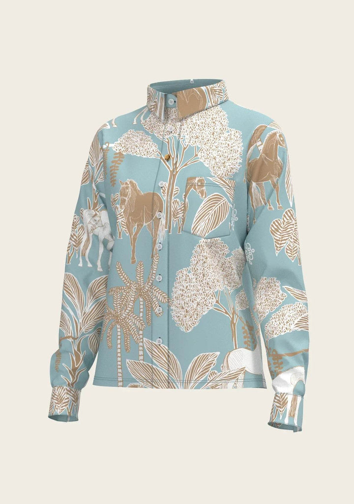  Island Horses on Sky Blue Loose Fitting Button Shirt - GiFTiFY