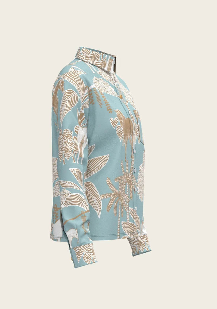  Island Horses on Sky Blue Loose Fitting Button Shirt - GiFTiFY