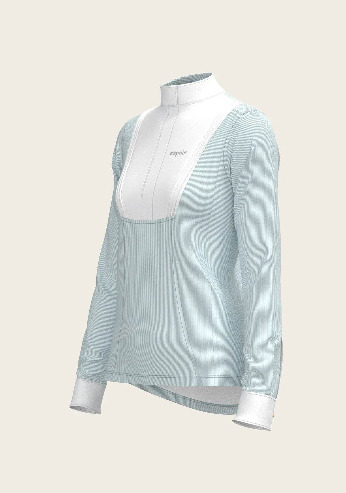 Stripes in Sky Blue Short Pleated Long Sleeve Show Shirt ESPOIR RIDER APPAREL by Espoir Equestrian