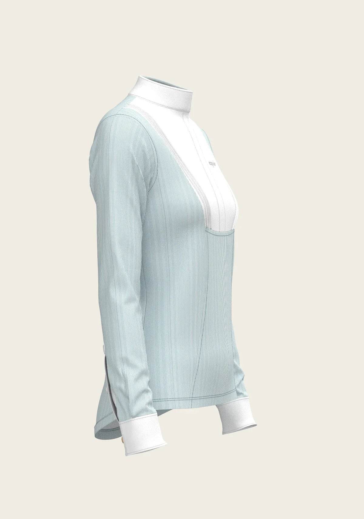 Stripes in Sky Blue Short Pleated Long Sleeve Show Shirt ESPOIR RIDER APPAREL by Espoir Equestrian