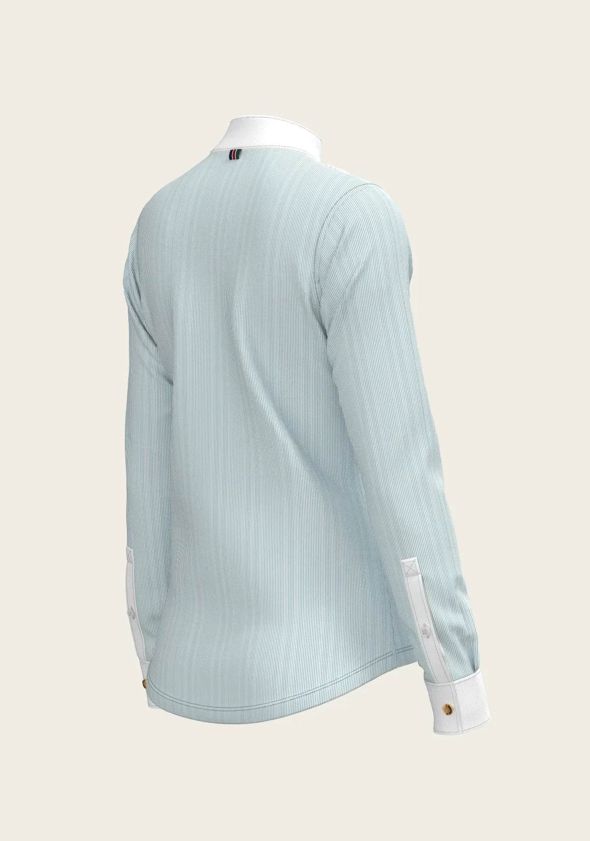 Stripes in Sky Blue Short Pleated Long Sleeve Show Shirt ESPOIR RIDER APPAREL by Espoir Equestrian