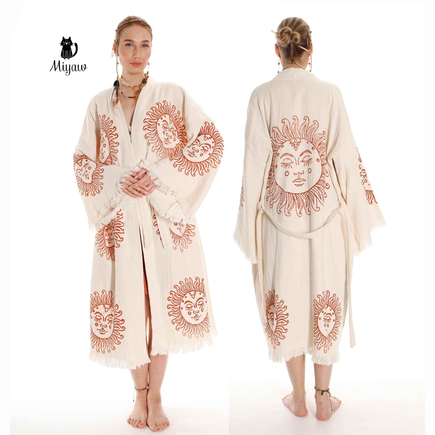 Unique Sun Stamped Robe: Eco-Friendly Organic Cotton Boho Kimono - GiFTiFY