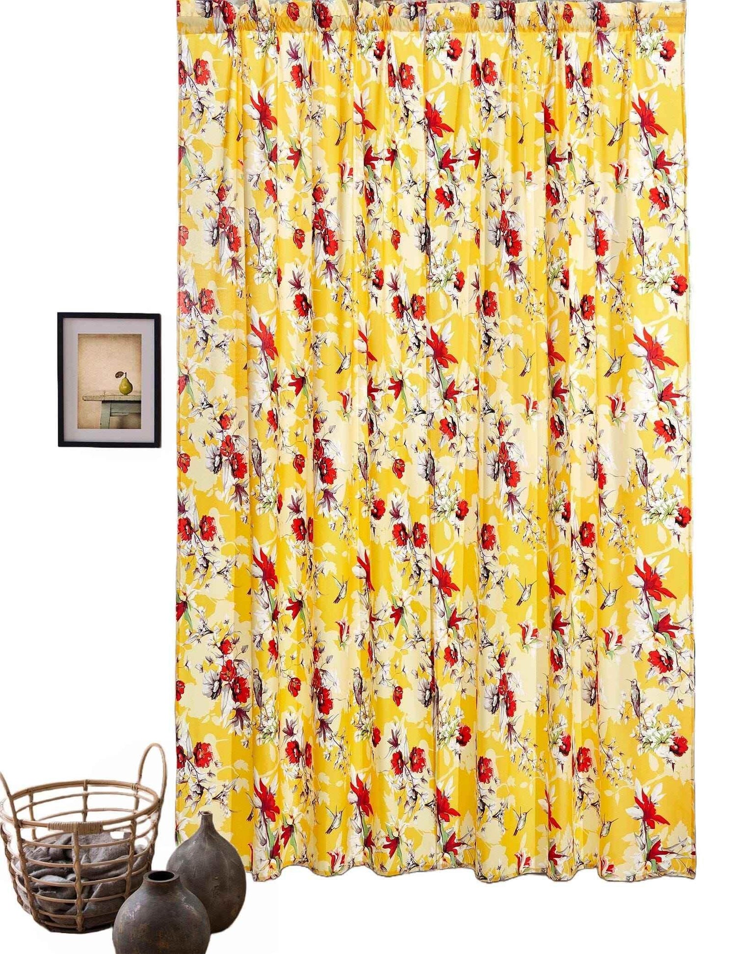 DaDa Bedding Set of 2 Radiant Sunshine Yellow Floral Window Curtain Panels - Natural Semi Sheer Hummingbirds Farmhouse Red Flowers Straight Tailored Edge - GiFTiFY