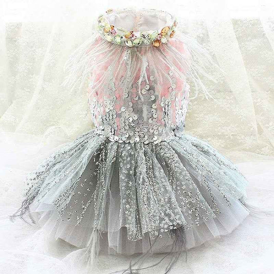 Handmade Glamorous Sequin Feather Pet Clothing Elegant Sparkling Dog Princess Dress