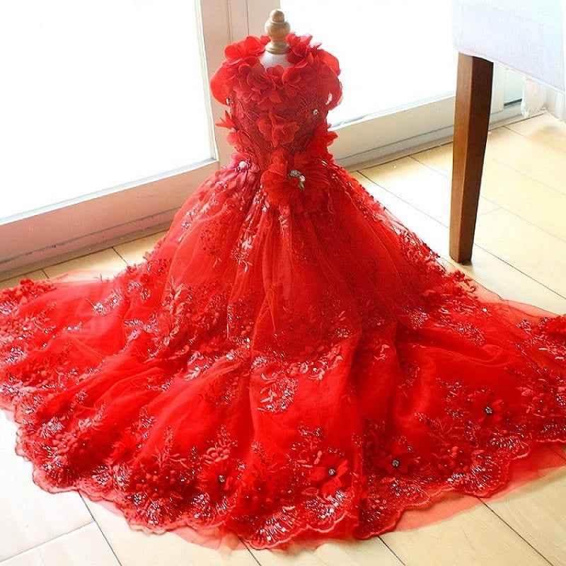 Handmade Luxury Pet Gown Red Lace Princess Dog Dress Weddings Special Occasions Photo Shoots Holiday Birthday - GiFTiFY