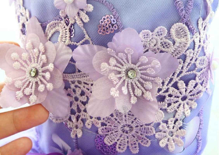 Handmade Luxury Pet Trailing Dress Dogs Cats Floral Embroidered Purple Gown - GiFTiFY