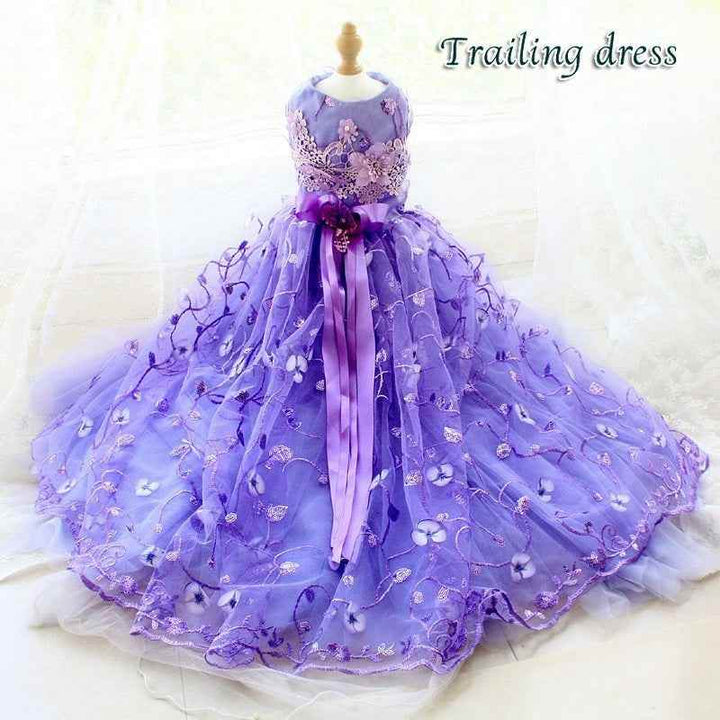 Handmade Luxury Pet Trailing Dress Dogs Cats Floral Embroidered Purple Gown - GiFTiFY