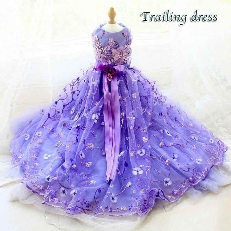 Handmade Luxury Pet Trailing Dress Dogs Cats Floral Embroidered Purple Gown - GiFTiFY
