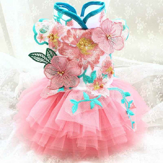 Handmade Dog Clothes Peony Pavilion Light Silk Embroidery Pet Dress