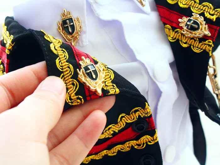 Handcrafted Royal Military Pet Suit Gold Trimmed Dog Outfit Jacket Suit Shirt Two-Piece Prince Uniform Badge - GiFTiFY