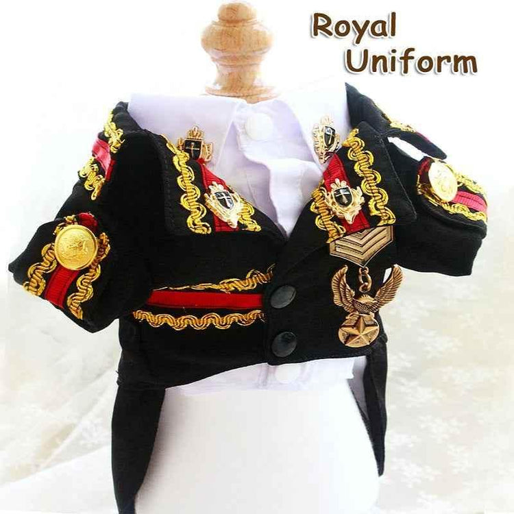 Handcrafted Royal Military Pet Suit Gold Trimmed Dog Outfit Jacket Suit Shirt Two-Piece Prince Uniform Badge - GiFTiFY