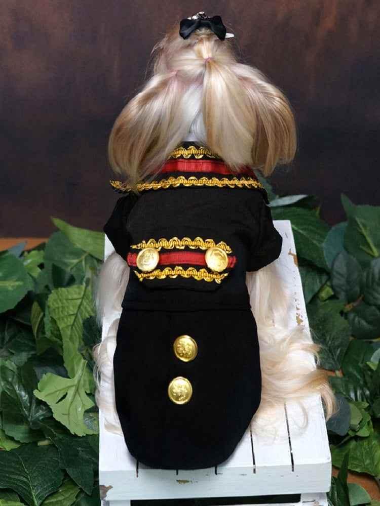 Handcrafted Royal Military Pet Suit Gold Trimmed Dog Outfit Jacket Suit Shirt Two-Piece Prince Uniform Badge - GiFTiFY