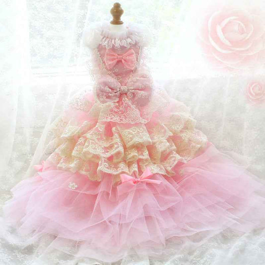 Elegant Pink Lace Dog Dress Trailing Handcrafted Princess Tutu Gown for Wedding Party