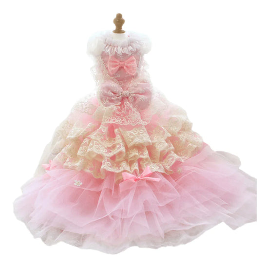 Elegant Pink Lace Dog Dress Trailing Handcrafted Princess Tutu Gown for Wedding Party - GiFTiFY