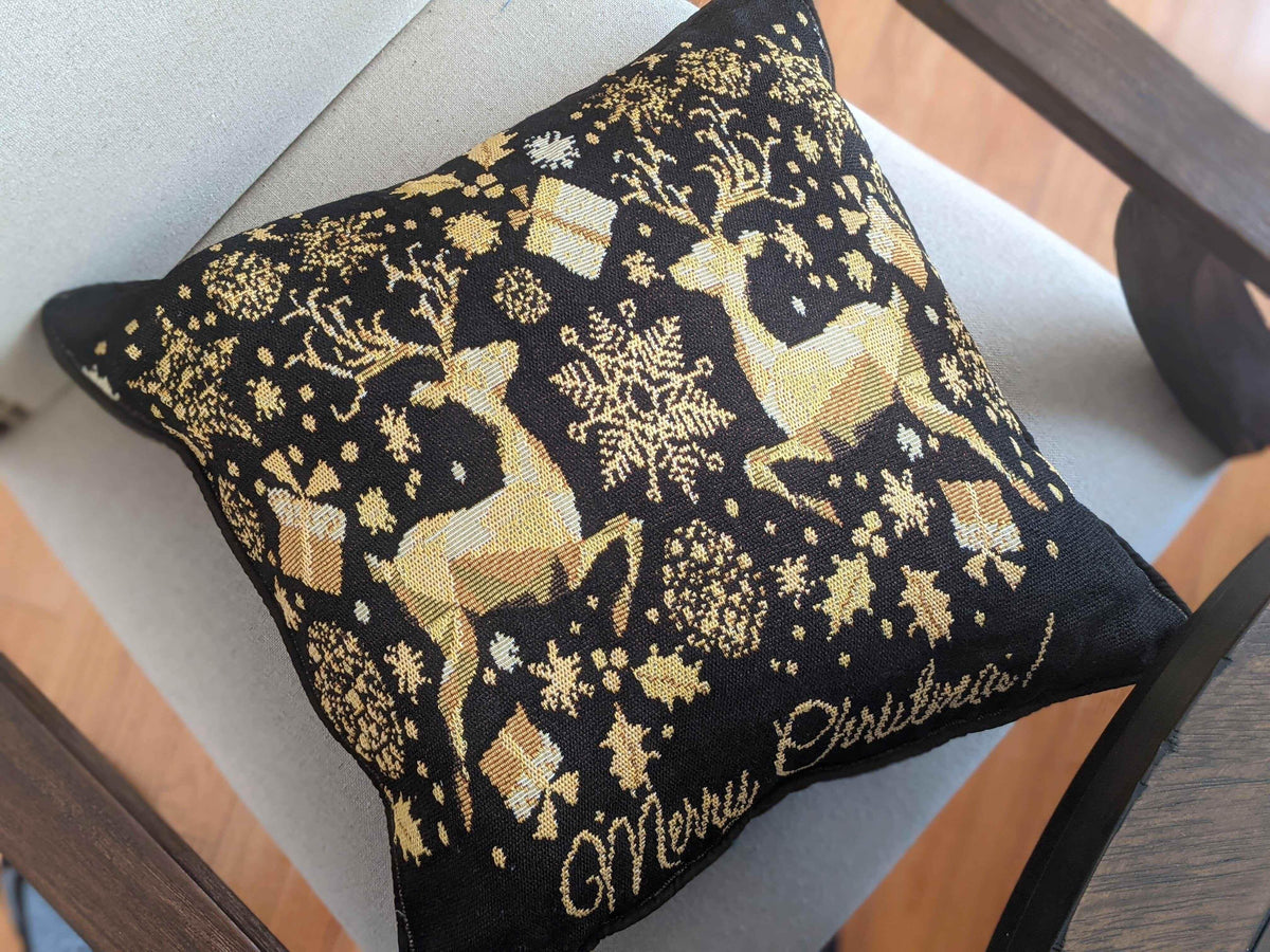 DaDa Bedding Magical Golden Reindeer Woven Tapestry Throw Pillow Covers 16" x 16" Throw Pillow Covers by DaDalogy Bedding Collection