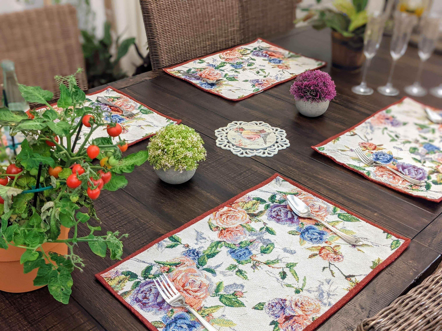 DaDa Bedding Set of 4-Pieces Vintage Romantic Roses Lovely Pink Floral Tapestry Placemats 13” x 19” (879) Placemat by DaDalogy Bedding Collection