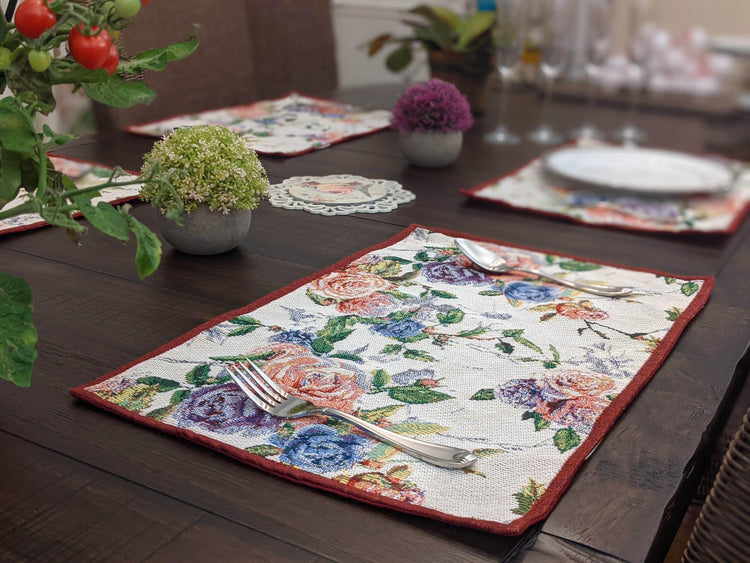 DaDa Bedding Set of 4-Pieces Vintage Romantic Roses Lovely Pink Floral Tapestry Placemats 13” x 19” (879) Placemat by DaDalogy Bedding Collection