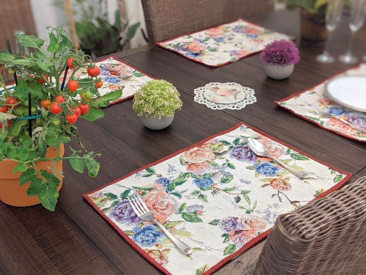 DaDa Bedding Set of 4-Pieces Vintage Romantic Roses Lovely Pink Floral Tapestry Placemats 13” x 19” (879) - GiFTiFY