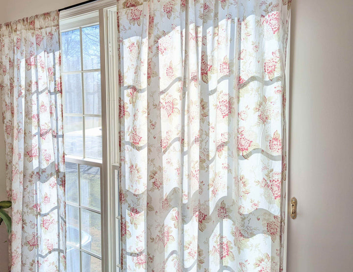 DaDa Bedding Set of 2-Pieces Hint of Mint Dainty Floral Pink Roses Cottage Sheer Window Panel Curtains (JHW3036) - GiFTiFY