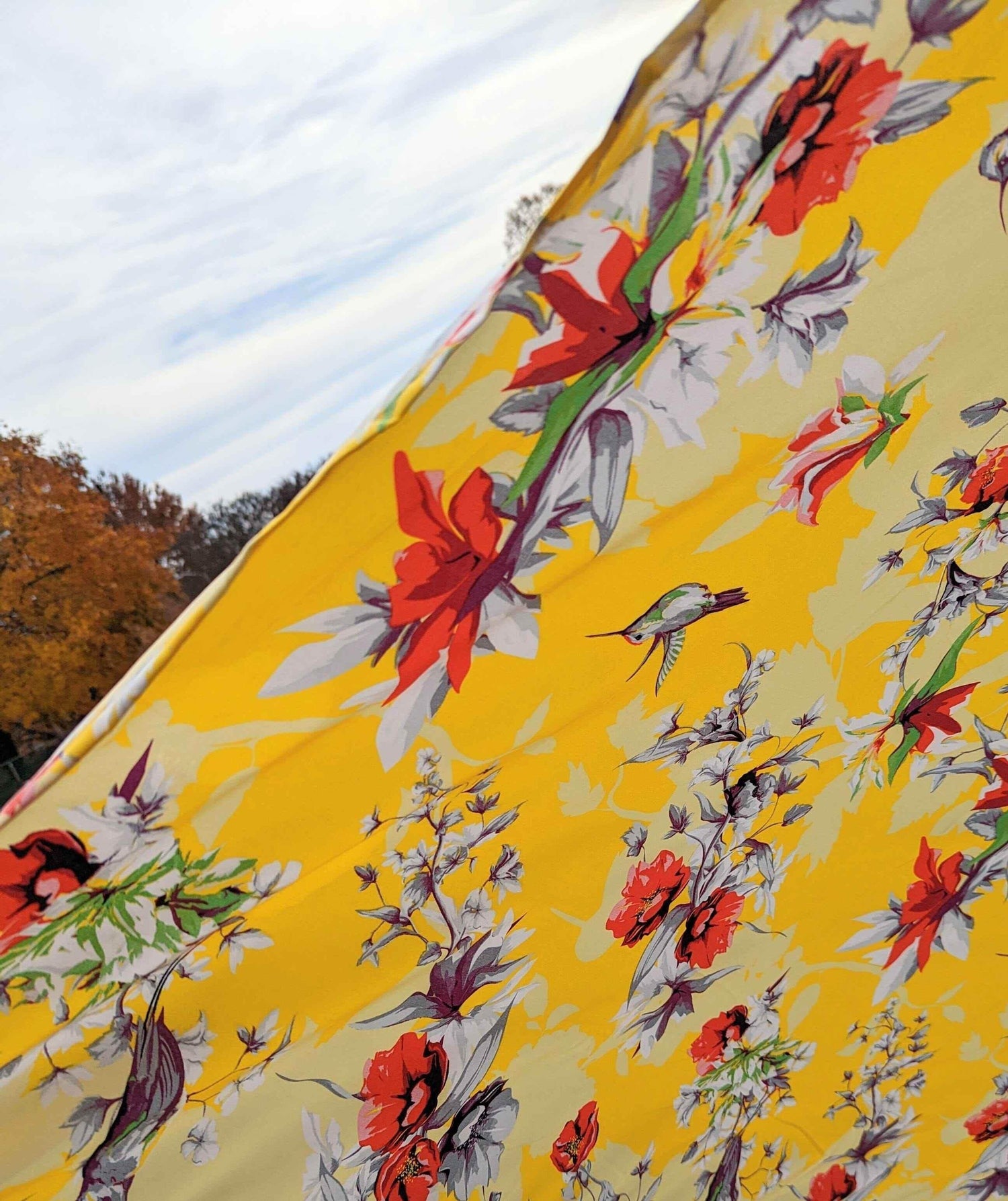 DaDa Bedding Set of 2 Radiant Sunshine Yellow Floral Window Curtain Panels - Natural Semi Sheer Hummingbirds Farmhouse Red Flowers Straight Tailored Edge - GiFTiFY