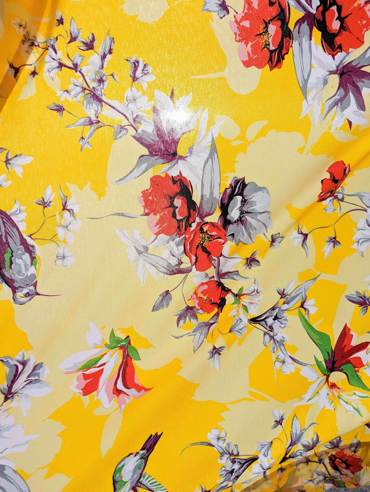 DaDa Bedding Set of 2 Radiant Sunshine Yellow Floral Window Curtain Panels - Natural Semi Sheer Hummingbirds Farmhouse Red Flowers Straight Tailored Edge - GiFTiFY