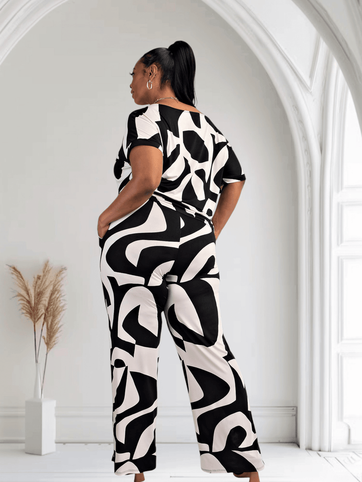 Lori Print Black and White Matching Plus Size Pants Set With Pockets - GiFTiFY