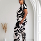 Lori Print Black and White Matching Plus Size Pants Set With Pockets